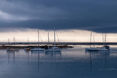 Portekiz 'in Faro şehrinde bulunan Ria Formosa bataklığına demirlemiş birkaç kiralık tekne var..