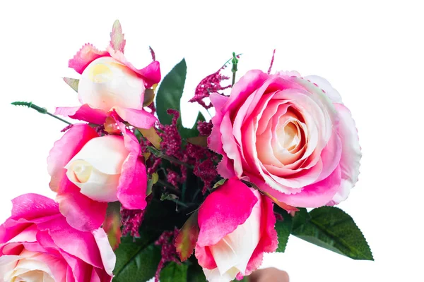 Nézet Hamis Rózsaszín Rózsa Virágok Fehér Alapon — Stock Fotó