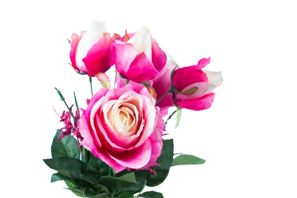 Nézet Hamis Rózsaszín Rózsa Virágok Fehér Alapon — Stock Fotó