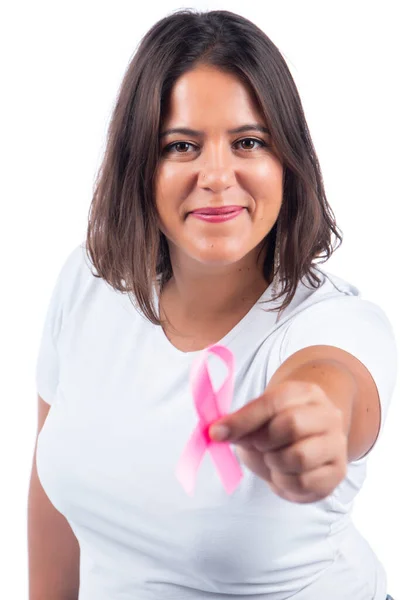 Menina Branca Segurando Fita Câncer Mama Sobre Fundo Branco Sorrindo — Fotografia de Stock