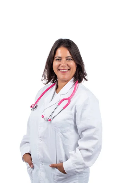 Vit Läkare Kvinna Med Rosa Stetoskop Vit Bakgrund — Stockfoto
