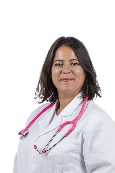 Λευκή Γιατρός Γυναίκα Ροζ Στηθοσκόπιο Λευκό Φόντο — Φωτογραφία Αρχείου