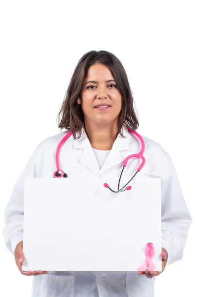 Caucasian Doctor Woman Holding White Board White Background — Stock Photo, Image