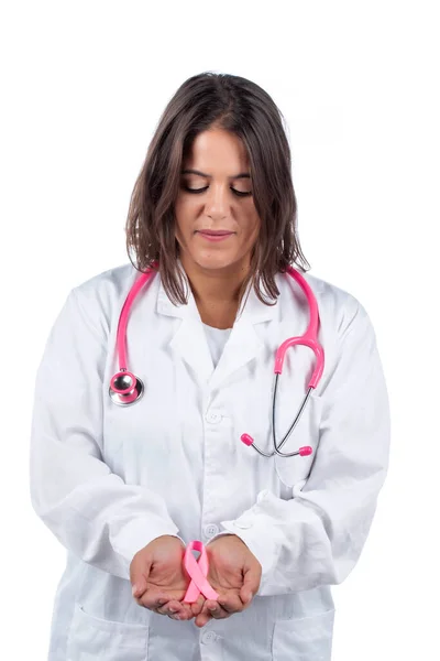 Närbild Kvinnliga Läkare Händer Som Håller Rosa Bröstcancer Band — Stockfoto
