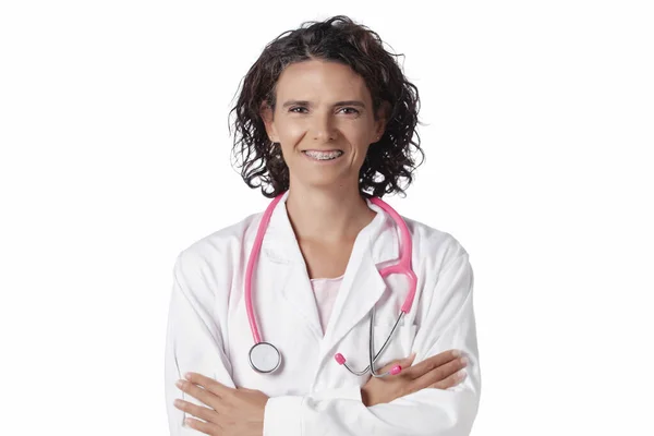 Doctora Con Estetoscopio Rosa Bata Laboratorio Sobre Fondo Blanco — Foto de Stock