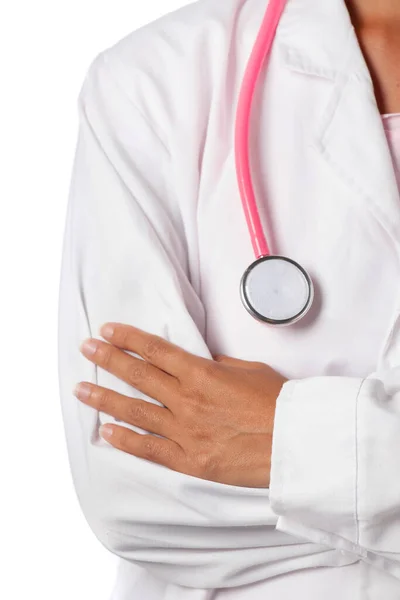 Kobieta Lekarz Różowym Stetoskopem Fartuchem Laboratoryjnym Białym Tle — Zdjęcie stockowe