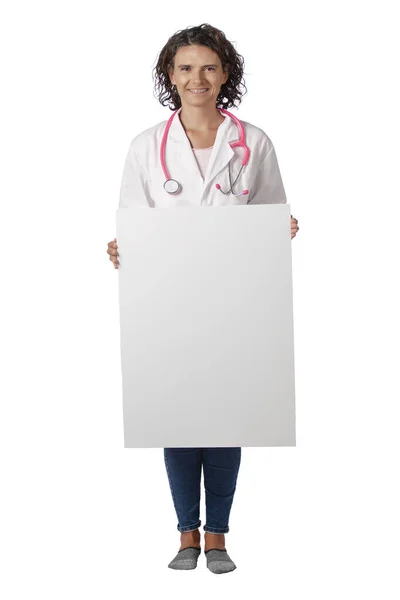 Female Doctor Pink Stethoscope Holding Blank Card — Stock Photo, Image