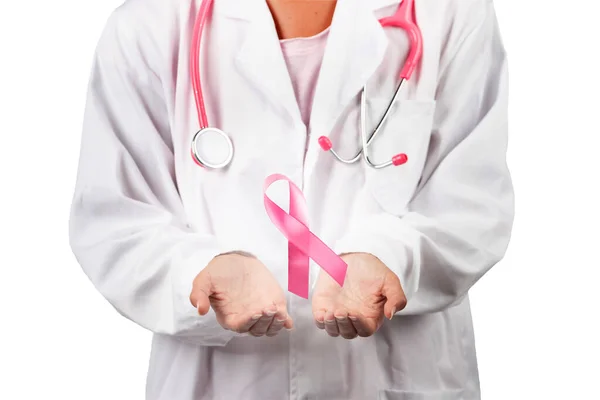 Doctora Con Estetoscopio Rosa Bata Laboratorio Sobre Fondo Blanco —  Fotos de Stock