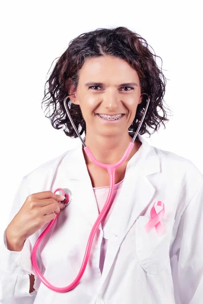 Female Doctor Stethoscope Holding Breast Cancer Awareness Ribbon — Stock Photo, Image