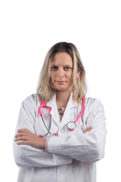 Mujer Médica Caucásica Con Estetoscopio Rosa Sobre Fondo Blanco —  Fotos de Stock