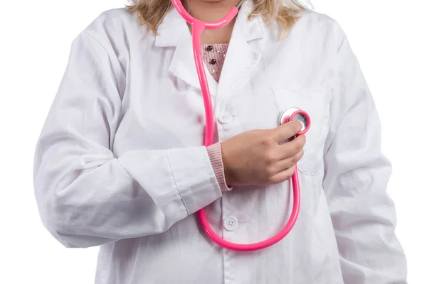 Biała Lekarka Różowym Stetoskopem Białym Tle — Zdjęcie stockowe