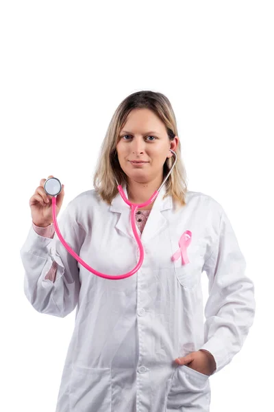 Médecin Caucasien Femme Avec Stéthoscope Rose Tenant Cancer Sein Ruban — Photo