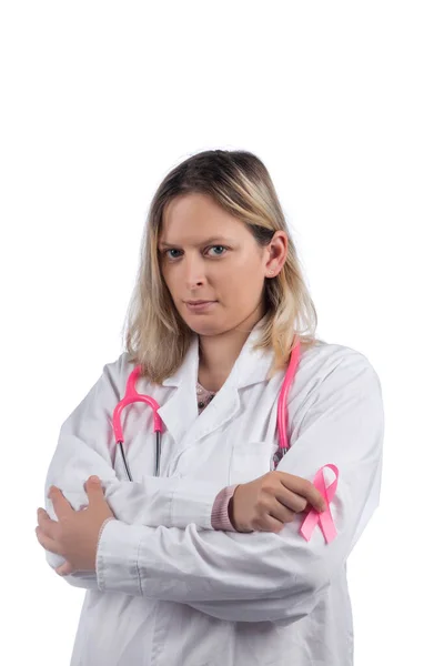 Vit Läkare Kvinna Med Rosa Stetoskop Håller Bröstcancer Rosa Band — Stockfoto