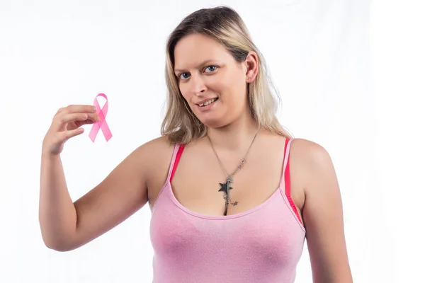 Menina Branca Com Camisa Rosa Segurando Fita Câncer Mama Sobre — Fotografia de Stock