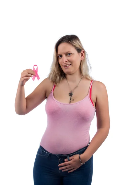 Caucasian Girl Pink Shirt Holding Breast Cancer Ribbon White Background — Stock Photo, Image