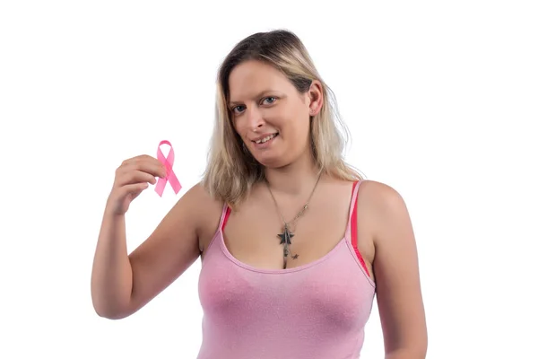 Blank Meisje Met Roze Shirt Houden Borst Kanker Lint Een — Stockfoto