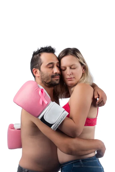 Woman Pink Boxing Gloves Hugging Husband Support Symbolizing Breast Cancer — Stock Photo, Image