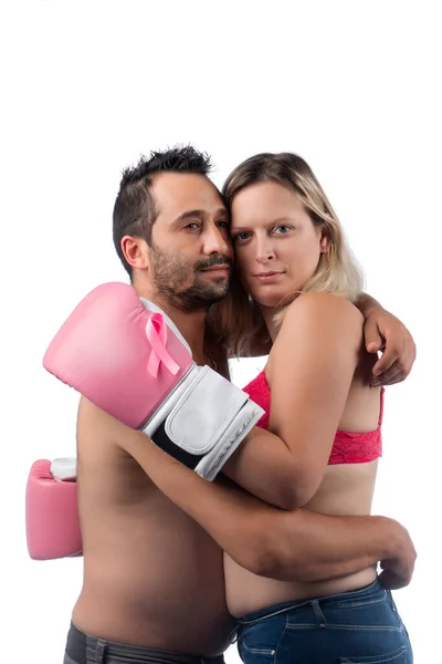 Mujer Con Guantes Boxeo Rosa Abrazando Marido Para Apoyo Simbolizando — Foto de Stock