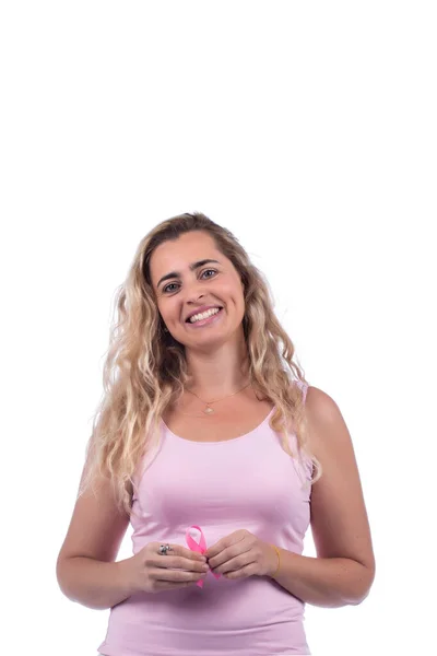 Kaukasisches Mädchen Mit Rosa Shirt Mit Brustkrebs Schleife Vor Weißem — Stockfoto