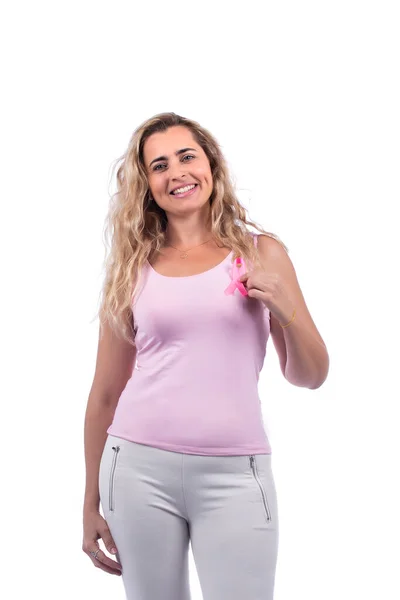 Kaukaska Dziewczyna Różowym Shirt Trzymając Wstążkę Raka Piersi Białym Tle — Zdjęcie stockowe