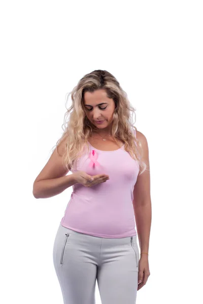 Caucasian Girl Pink Shirt Holding Breast Cancer Ribbon White Background — Stock Photo, Image