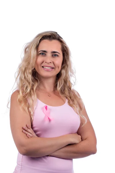 Caucasian Girl Pink Shirt Holding Breast Cancer Ribbon White Background — Stock Photo, Image