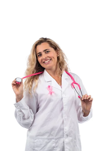 Vit Läkare Kvinna Med Rosa Stetoskop Med Bröstcancer Rosa Band — Stockfoto