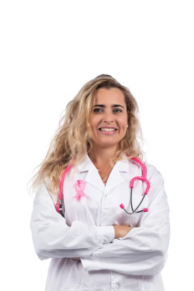 Vit Läkare Kvinna Med Rosa Stetoskop Med Bröstcancer Rosa Band — Stockfoto