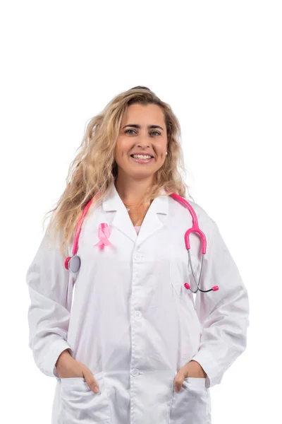 Mulher Médica Branca Com Estetoscópio Rosa Com Câncer Mama Fita — Fotografia de Stock