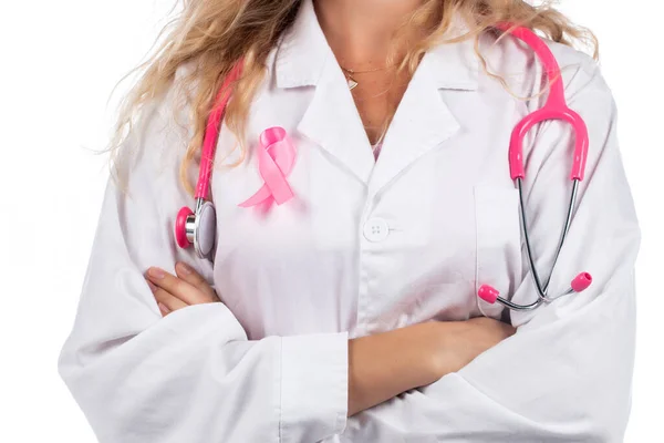 Vit Läkare Kvinna Med Rosa Stetoskop Med Bröstcancer Rosa Band — Stockfoto