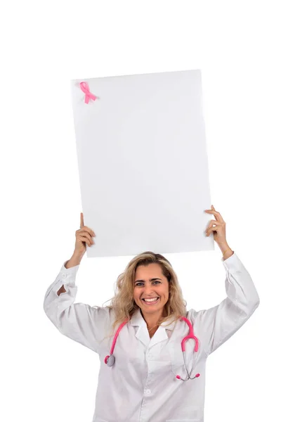 Белая Женщина Врач Розовым Стетоскопом Раком Молочной Железы Розовая Лента — стоковое фото