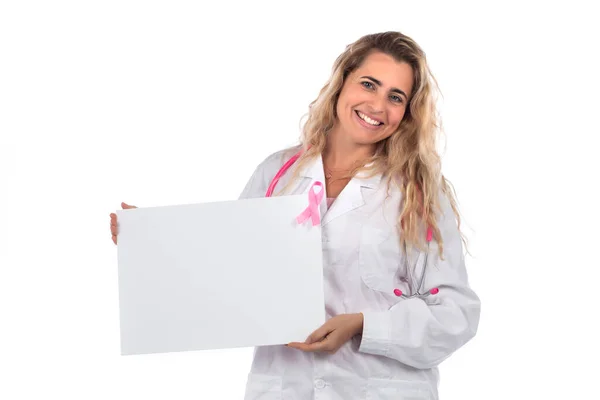 Καυκάσια Γιατρός Γυναίκα Ροζ Στηθοσκόπιο Καρκίνο Του Μαστού Ροζ Κορδέλα — Φωτογραφία Αρχείου