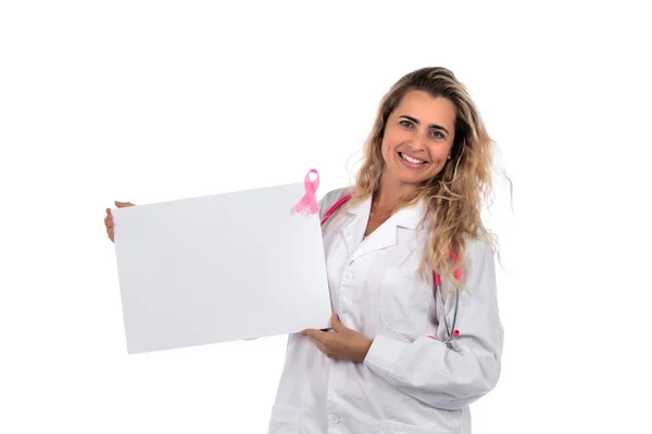 Femme Médecin Caucasienne Avec Stéthoscope Rose Avec Ruban Rose Cancer — Photo