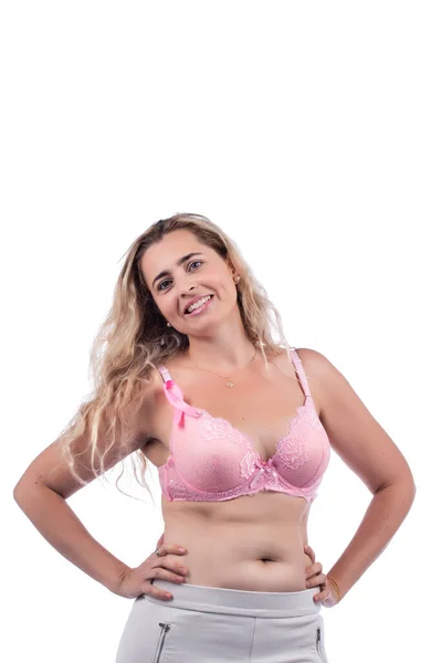 Caucasian Girl Wearing Pink Bra Breast Cancer Ribbon White Background — Stock Photo, Image