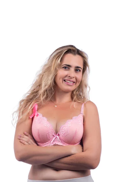 Caucásico Chica Usando Rosa Sujetador Con Cáncer Mama Cinta Sobre — Foto de Stock