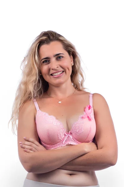 Caucasian Girl Wearing Pink Bra Breast Cancer Ribbon White Background — Stock Photo, Image
