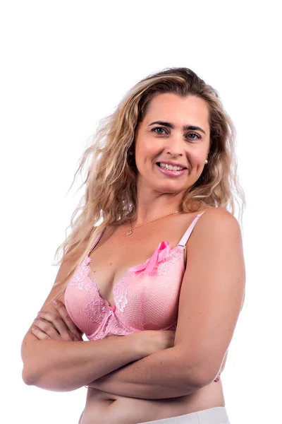 Menina Branca Usando Sutiã Rosa Com Fita Câncer Mama Sobre — Fotografia de Stock