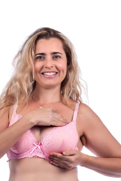 Woman Breast Self Care Examination Lumps Weird Symptoms Pink Bra — Stock Photo, Image