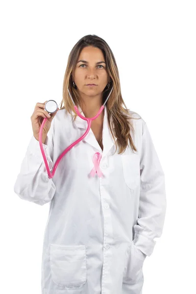 Jeune Belle Médecin Femme Avec Stéthoscope Rose Ruban Sensibilisation Rose — Photo