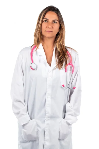 Молода Красива Лікарка Рожевим Стетоскопом Білому Тлі — стокове фото