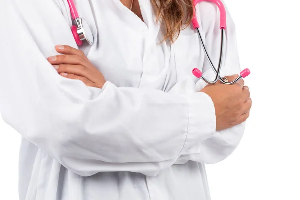 Jovem Mulher Bonita Médico Com Estetoscópio Rosa Fundo Branco — Fotografia de Stock