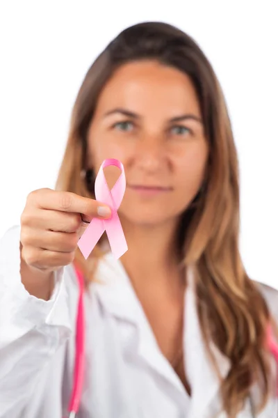 Jovem Mulher Médica Bonita Com Estetoscópio Rosa Fita Consciência Rosa — Fotografia de Stock