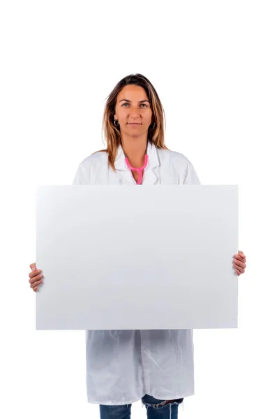 Caucasian Doctor Woman Holding White Board White Background — Stock Photo, Image