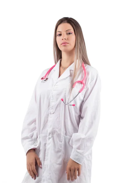 Joven Hermosa Médico Mujer Con Estetoscopio Rosa Sobre Fondo Blanco —  Fotos de Stock