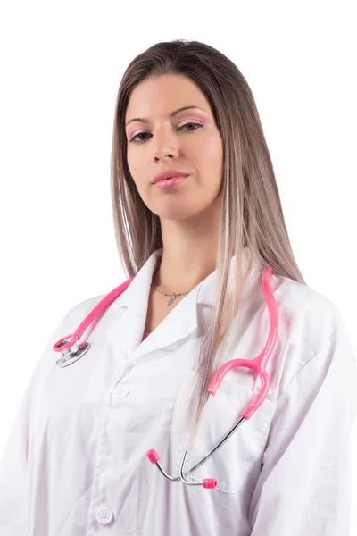 Jeune Belle Médecin Femme Avec Stéthoscope Rose Sur Fond Blanc — Photo