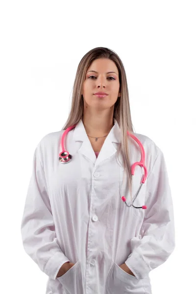 Junge Schöne Ärztin Mit Rosa Stethoskop Auf Weißem Hintergrund — Stockfoto