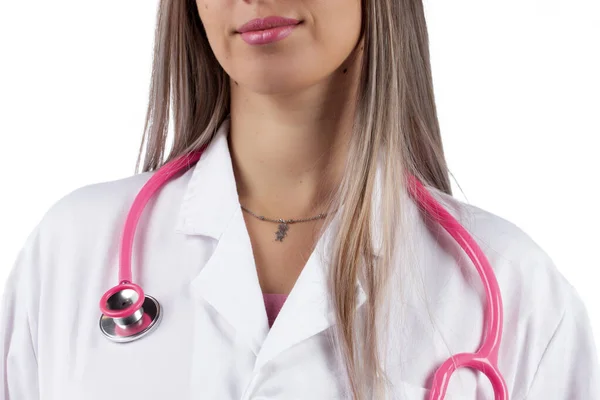 Giovane Bella Donna Medico Con Stetoscopio Rosa Uno Sfondo Bianco — Foto Stock