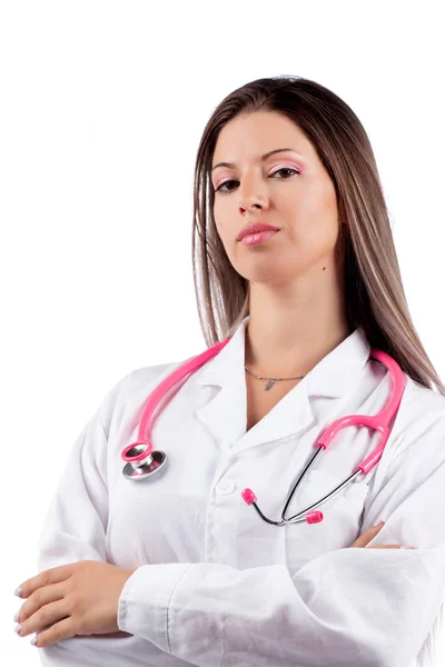 Young Beautiful Doctor Woman Pink Stethoscope White Background — Stock Photo, Image