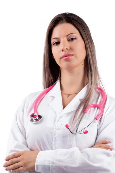 Joven Hermosa Médico Mujer Con Estetoscopio Rosa Sobre Fondo Blanco —  Fotos de Stock