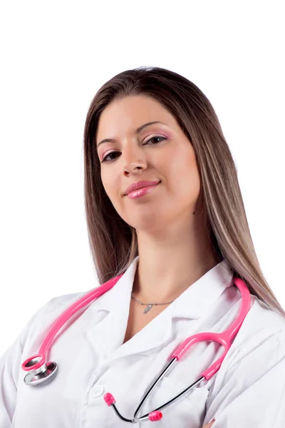年轻美丽的女医生 有粉色听诊器 背景为白色 — 图库照片